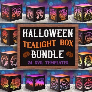 Könnte beinhalten: Ein Set mit 24 SVG-Vorlagen für Halloween-Teelichtboxen. Das Bild zeigt eine Vielzahl von Designs, darunter Kürbisse, Geister, Fledermäuse und Hexen. Der Text "HALLOWEEN TEALIGHT BOX BUNDLE 24 SVG TEMPLATES" ist auf einem Holzschild zu sehen.
