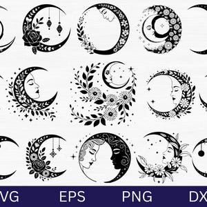 Moon Lady SVG-samling: Witchy Crescent PNG-paket, blommig clipart