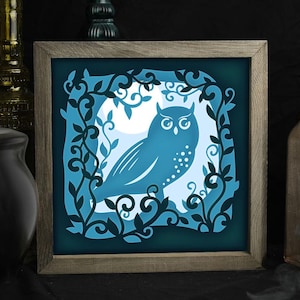 Eule Schattenbox SVG, Wald SVG Szene, Eule Light Box, himmlische Papierschnitt SVG, Mond Schattenbox, 3D Papierschnitt Vorlage, Eule svg, Mond svg