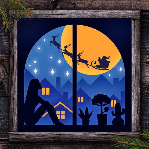 Christmas Winter Scene SVG, Christmas Shadow Box, Winter Shadow Box, Santa and Sleigh flying in the night sky, Christmas Night Papercut Christmas Winter Scene SVG, Christmas Shadow Box, Winter Shadow Box, Santa and Sleigh flying in the night sky, Christmas Night Papercut