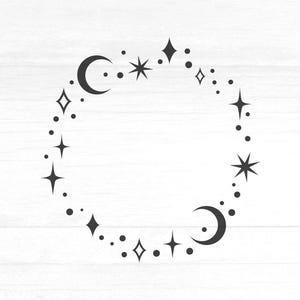 Sterren en halve maan frame SVG, stercluster PNG, mystieke boho frame SVG, hemelse clipart, Witchy Cricut Cut-bestand
