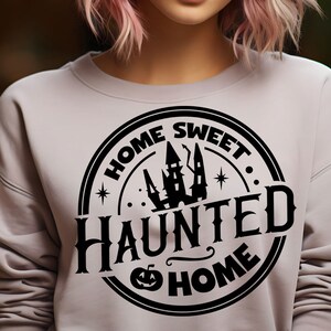 home sweet haunted home round Halloween SVG on beige shirt