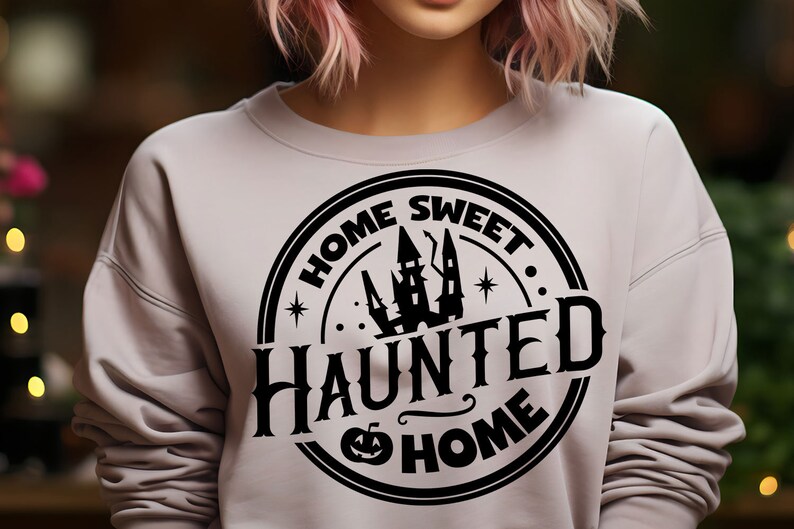 home sweet haunted home round Halloween SVG on beige shirt