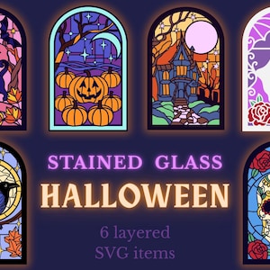 May include: Stained glass Halloween designs. The image shows six layered SVG items with spooky illustrations, including a black cat, pumpkins, a haunted house, a ghost, a raven, and a sugar skull.
