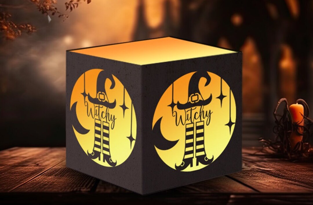 Halloween Lantern SVG, Tealight Candle Holder, Witch SVG, Moon SVG