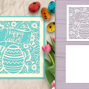 Happy Easter Papercut Card SVG, Layered Card avec Egg and Flowers, Laser Cut Easter SVG, Papercut Easter Card SVG, Papercut Flowers svg