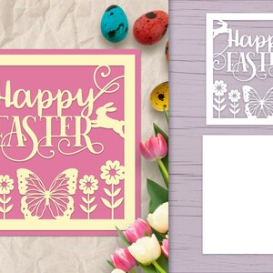 Happy Easter Papercut Card SVG, Layered Card with Bunnies and Flowers, Laser Cut Easter SVG, Papercut Easter Card SVG, Papercut Butterfly