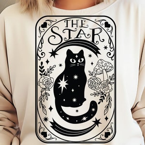 Tarot Card The Star SVG | Black Cat, Mystical Tarot Design, Celestial Witchcraft SVG, Flowers Hearts Stars SVG, Cute Whimsical Tarot Card