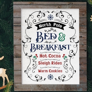 Noordpool Bed and Breakfast SVG, warme cacao boerderij SVG, sleetochten svg, warme koekjes, kersttypografie, vintage boerderij SVG
