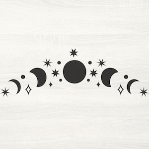 May include: Black and white illustration of a crescent moon and stars. The moon phases are depicted in a circular arc with a full moon in the center.