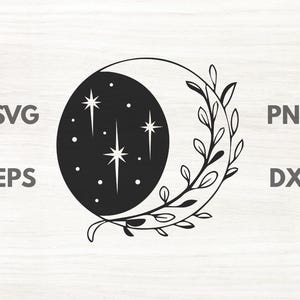 Moon and Stars SVG PNG, Floral Crescent Moon, Mystical Celestial SVG, Stars Boho Clipart, Witchy Cricut File, Instant Download