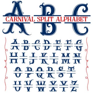 Könnte beinhalten: Digitalgrafik mit einem marineblauen geteilten Alphabet mit dekorativen Schnörkeln. Der Text "CARNIVAL SPLIT ALPHABET" ist rot. Das gesamte Alphabet wird angezeigt, wobei jeder Buchstabe horizontal geteilt ist.