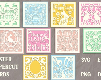 May include: Eight different Easter papercut card designs featuring bunnies, eggs, flowers, and butterflies. The cards are in various colors, including green, blue, pink, and yellow.