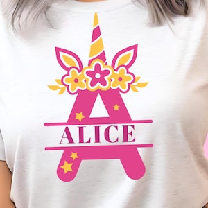 Eenhoorn gesplitst alfabet SVG, gesplitste letters A-Z, bloemen gesplitst monogram png, monogram naam initialen, bloemen verjaardag Cricut en silhouet
