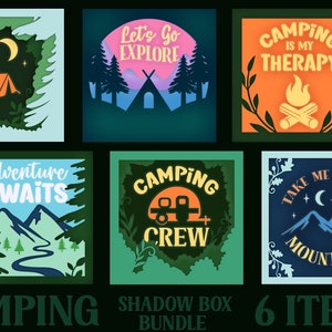 Paquete Camping Shadow Box, Camping es mi terapia SVG, La aventura espera Shadow Box, Papercut Camping SVG, Camping Papercut Escena, Montaña