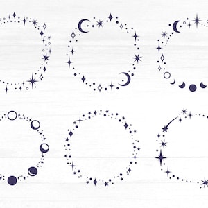 Star and Moon Frames SVG-bundel, vallende ster, sterrencluster, wassende maan png, mystieke hemelse Cricut
