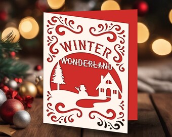 Carte de Noël SVG, hiver au pays des merveilles, arbre de Noël Svg, modèle de carte de Noël, scène d'hiver Svg, modèle de carte Svg, carte de voeux SVG