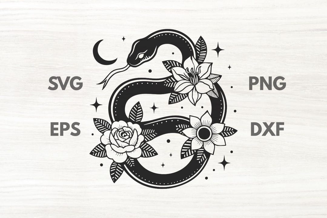 Floral Snake With Crescent SVG, Rose PNG, Mystical Celestial Moon SVG ...