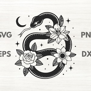 Serpent floral avec croissant de lune SVG, PNG Rose, lune céleste mystique SVG, Clipart Boho fleur de lys, fichier Cricut sorcière