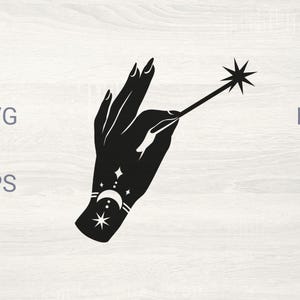 Main de sorcière avec baguette SVG, étoile et la lune PNG, SVG céleste mystique, Clipart magique Boho, fichier Cricut