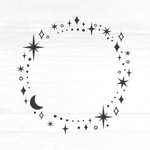 Sterren en maansikkel frame SVG, sterrencluster PNG, mystieke hemelse frame SVG, Boho hemelse clipart, Witchy Cricut Cut-bestand