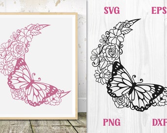 Butterfly Floral Moon SVG, Crescent Moon SVG, Butterfly SVG, Moon with Flowers svg, Floral Moon png, Floral Moon Monogram svg, Witchy Floral