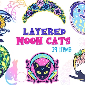Gelaagde manen en katten bundel, laser gesneden katten SVG, gelaagde maan SVG, gelaagde 3D kat SVG, papercut SVG-kaarten, papercut manen en katten SVG