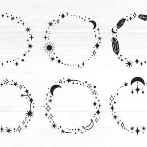 Sterren en kristallen frames SVG-bundel, vallende ster, sterrencluster, wassende maan PNG, mystieke hemelse Cricut, maanrandontwerp