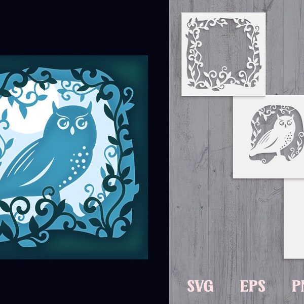 Hibou Shadow Box SVG, scène de SVG de forêt, boîte à lumière hibou, papier céleste coupe SVG, lune Shadow Box, modèle de coupe de papier 3D, hibou svg, svg de lune