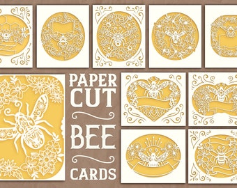 Papercut Bee Cards, Bee Card SVG, Papercut Summer Card, Papercut Bee SVG Bundle, Flower SVG Card, Intricate Bee Design, Svg card template
