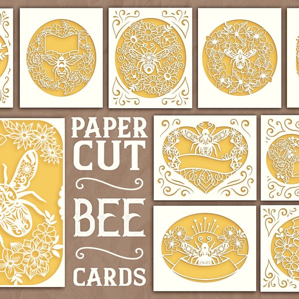 Papercut Bee Cards, Bee Card SVG, Papercut Summer Card, Papercut Bee SVG Bundle, Flower SVG Card, Intricate Bee Design, Svg card template