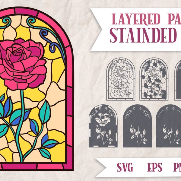 Stained Glass Papercut Rose, Layered Papercut Rose SVG, Layered Floral SVG, Papercut Stained Glass Flower SVG, 3D Rose svg, Stained Glass