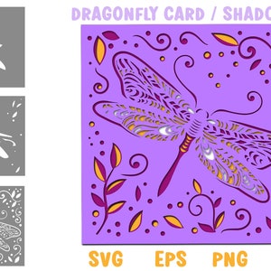 May include: A purple card with a white dragonfly with intricate details, surrounded by yellow and purple leaves and swirls. The text "DRAGONFLY CARD / SHADOW BOX" is at the top of the card. The words "SVG EPS PNG DXF" are at the bottom of the card.