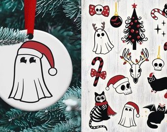 May include: A white ghost wearing a red Santa hat with a white pom-pom. The ghost has two large eyes and a wide smile. The ghost is on a white round ornament. The ornament is surrounded by a green Christmas tree.