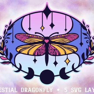 Celestial Layered Dragonfly SVG | Moon Phases & Mystical Papercut Dragonfly, 3D Witchy Star Design | Laser Cut Dragonfly with Laurel SVG