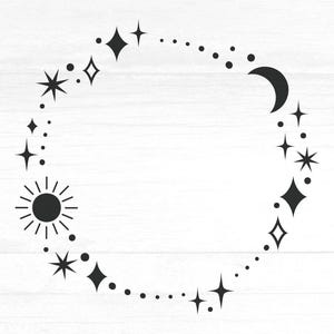 Zon, maan en sterren frame SVG, stercluster PNG, mystieke hemelse frame SVG, Boho hemelse clipart, Witchy Cricut Cut-bestand