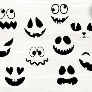 Puede incluir: Una colección de diseños de caras negras con temática de Halloween, que incluyen ojos, bocas y narices, perfectos para manualidades. Los diseños presentan varias expresiones, como sonriente, enojado y sorprendido. Pequeñas calabazas en las esquinas.