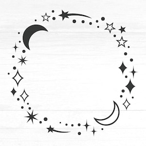Halve manen frame SVG, stercluster PNG, mystieke hemelse frame SVG, Boho hemelse clipart, Witchy Cricut Cut-bestand, vallende sterren