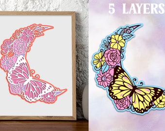 Layered Floral Moon SVG, Laser Cut floral Moon, 3D Floral Moon with Butterfly, Witchy svg, Mystical svg, Papercut Layered Moon SVG