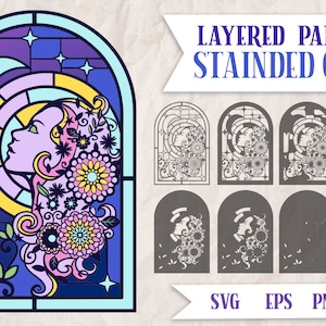 Moon Lady Stained Glass SVG, Layered Celestial Papercut, Floral Mandala Design | Mystical Cricut & Glowforge Cut Files, 3D Papercut Flower