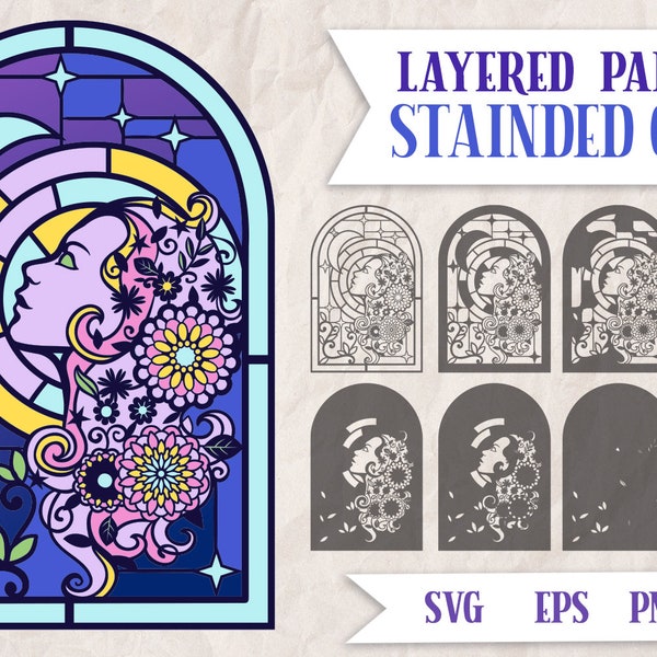 Moon Lady Stained Glass SVG, Layered Papercut Dragonfly, Layered Floral SVG, Papercut Stained Glass SVG, Celestial Papercut, Mystical svg