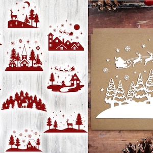 Pacote de cenas de Natal, Cena de Natal com árvores, Papai Noel com trenó, Cena SVG de inverno, Cena de inverno com renas, Cenas de Natal SVG