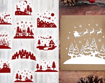 Weihnachtsszenen Bundle, Weihnachtsszene mit Bäumen, Weihnachtsmann mit Schlitten, Winter SVG Szene, Winterszene mit Rentieren, Weihnachtsszenen SVG