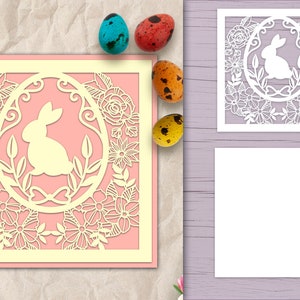 Cartão de Páscoa SVG com corte de papel, cartão 3D em camadas com coelhinho e flores, corte a laser SVG de Páscoa, cartão de Páscoa com corte de papel SVG, modelo SVG de corte de papel