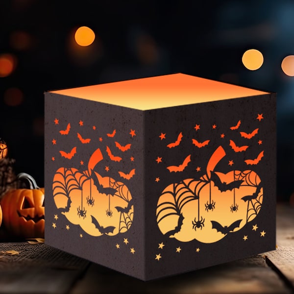 Halloween Lantern SVG, Tealight Candle Holder, Pumpkin Lantern SVG, Halloween Template, Bat svg, Spider svg, Tea Light Candle Holder