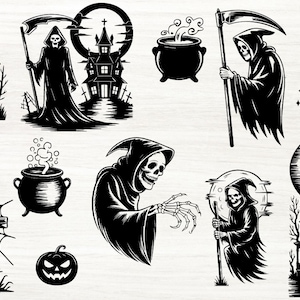 Puede incluir: Colección de ilustraciones en blanco y negro con temática de Halloween. Las imágenes incluyen una casa embrujada, figuras de la Muerte con guadañas, un caldero, una cruz con telaraña y calabazas. Ideal para pegatinas o decoraciones.