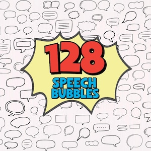 Pode incluir: Uma coleção de 128 balões de fala desenhados à mão em várias formas e tamanhos, delineados em preto sobre um fundo branco. Uma explosão amarela com o texto vermelho "128" e o texto azul "SPEECH BUBBLES" está no centro.