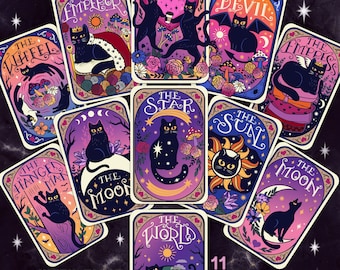 May include: A set of 11 printable tarot cards featuring cute cats in various poses. The cards are illustrated in a whimsical style with vibrant colors and intricate details. The cards include The Wheel, The Emperor, The Devil, The Empress, The Hanged Man, The Moon, The Star, The Sun, The World, and The Lovers.
