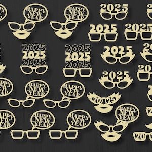 Pacote de cabine de fotos de ano novo, véspera de ano novo, pacote de festa SVG, adereços de festa SVG, máscara de festa SVG, pacote SVG 2025, feliz ano novo