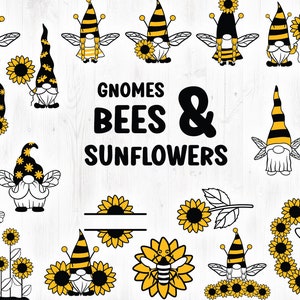 Pacote SVG de Gnomos e Girassóis, SVG de Girassol, SVG de Abelha, Monograma de Girassol, Pacote SVG de Gnomo, SVG de Abelha Gnome, Decalque de Gnomo, Lady Gnome svg